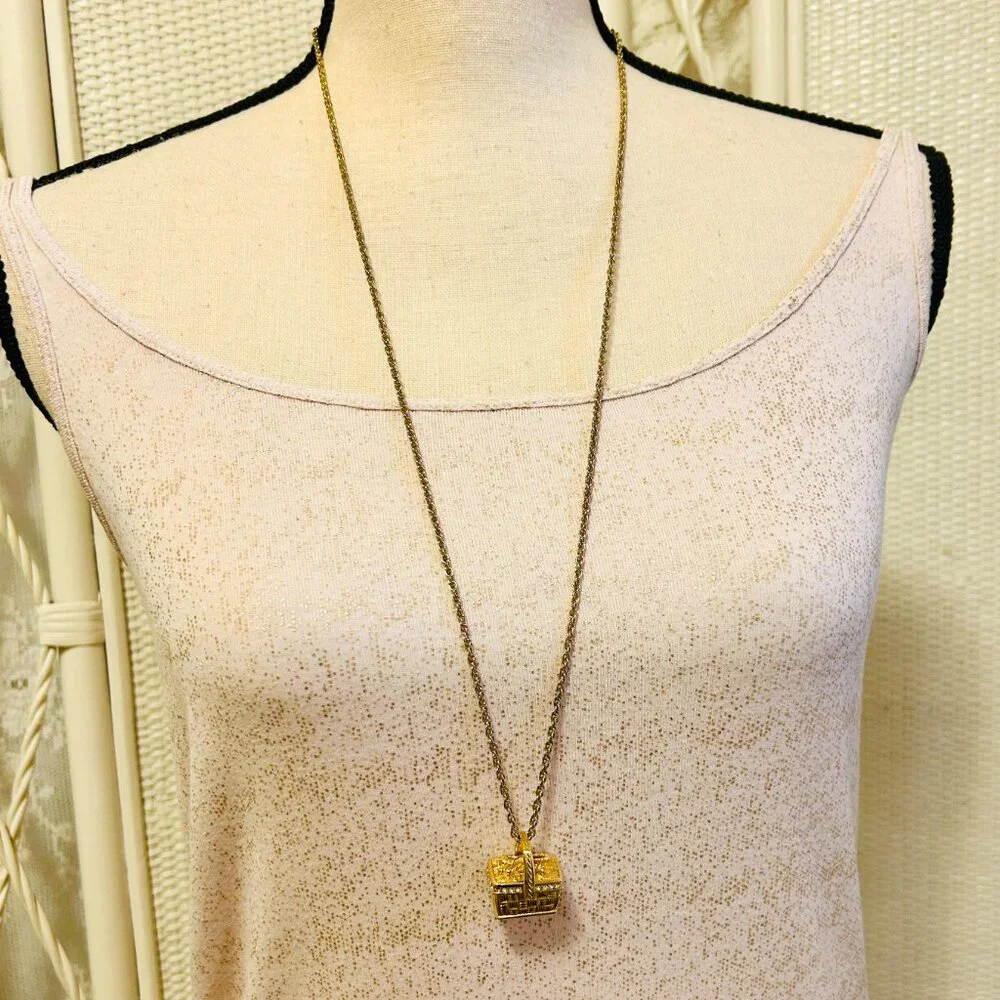 Vintage 1990s Swarovski Picnic Basket Pendant Necklace Gold-Tone & Crystal